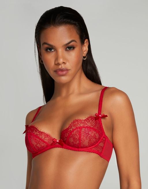 Womens Red Floral Lace Padded Underwired Bra