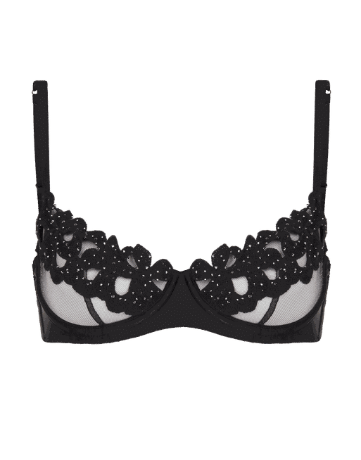Floral-embroidered tulle demi-cup bra